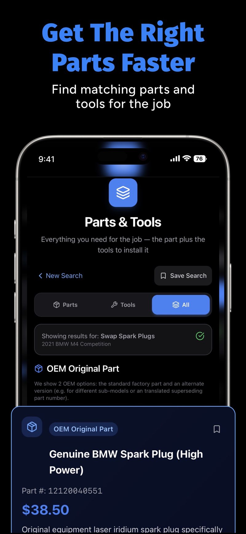 CarScan parts finder showing a part match and price estimate