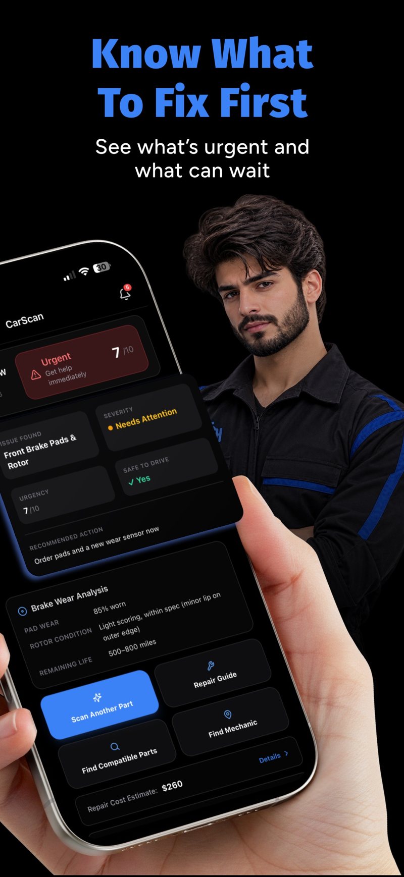 CarScan scan result showing severity, urgency, and a repair cost estimate
